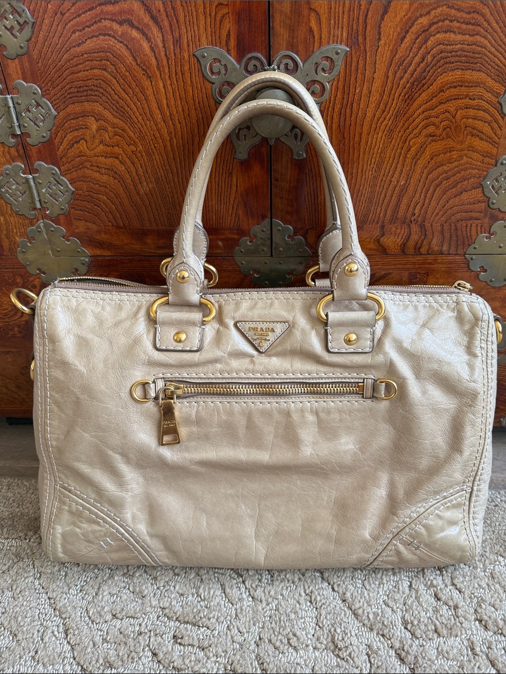 Only today! Prada Champagne Leather Satchel with Gold Hardware